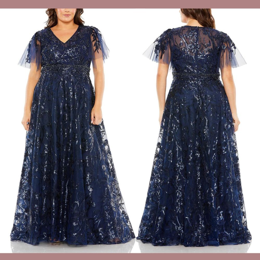 NWT $798 Mac Duggal‎ [ 18W ] Flutter Sleeve Embellished A Line Gown Blue S1058
